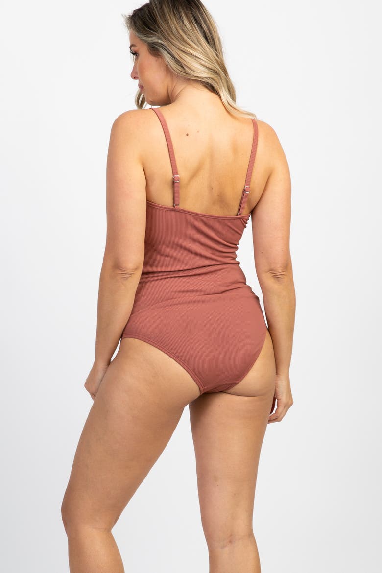 Ribbed Snap Front One-Piece Maternity Swimsuit, Alternate, color, Mauve