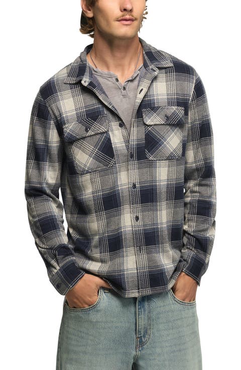 Plaid Brushed Knit Button-Up Overshirt
