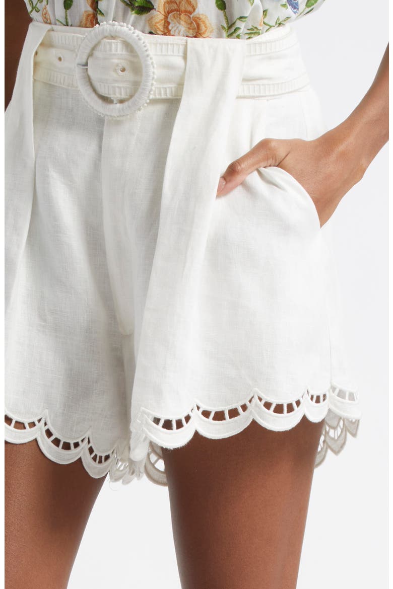 Ruchelieu Embroidered Scalloped Linen Blend Shorts, Alternate, color, WHITE