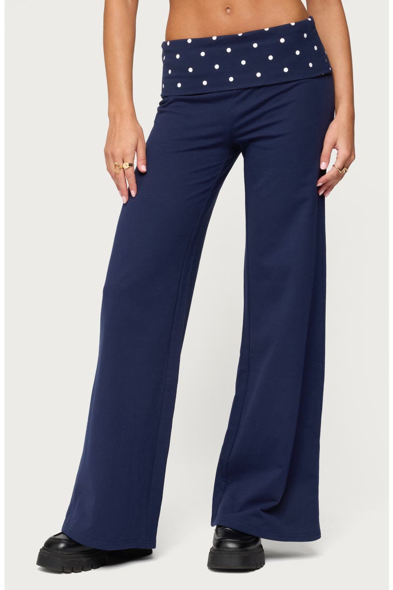 Reeva Polka Dot Foldover Pants, Main, color, NAVY