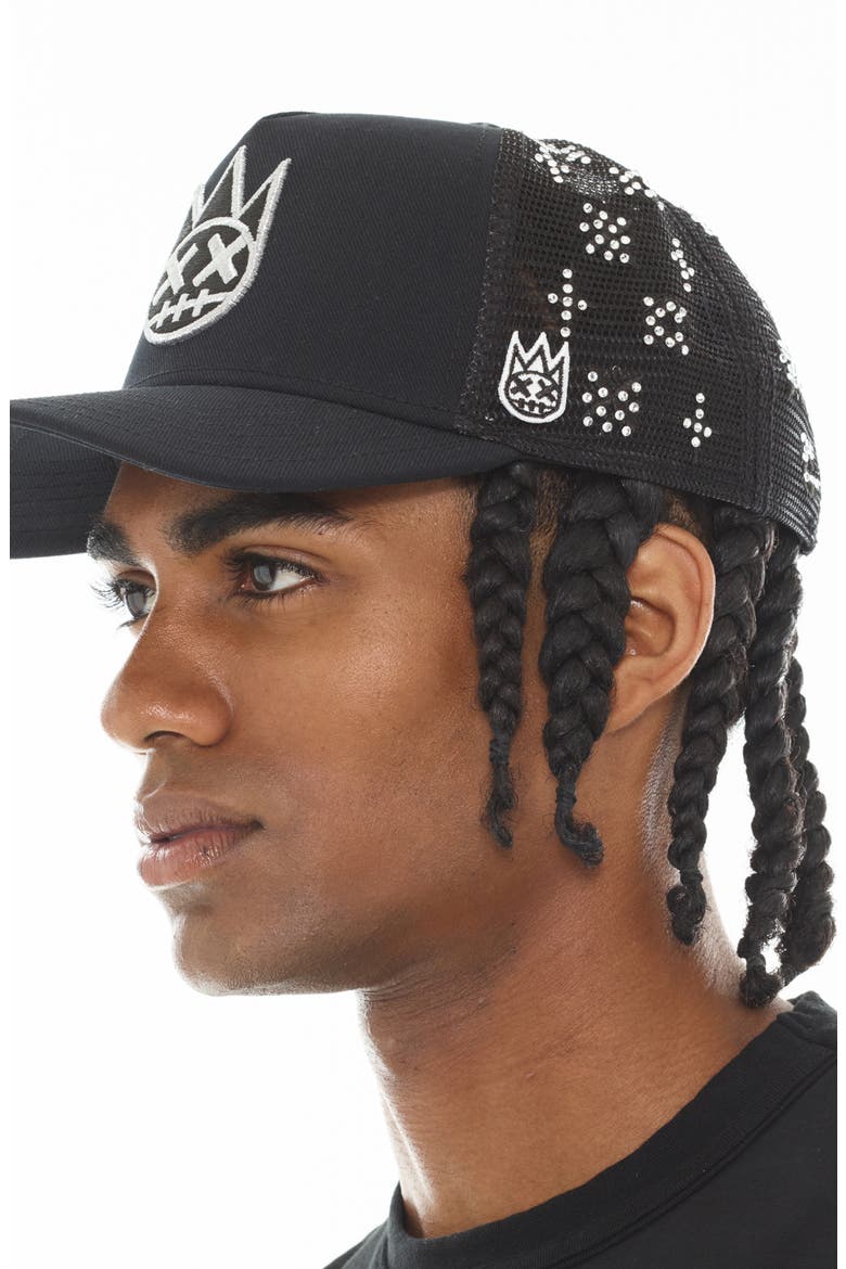Shimuchan Logo Crystal Embellished Trucker Hat, Alternate, color, BLACK