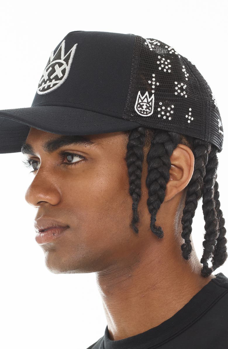 Cult of Individuality Shimuchan Logo Crystal Embellished Trucker Hat, Alternate, color, Black