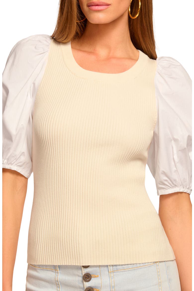 Wesley Puff Sleeve Mixed Media Top, Alternate, color, IVORY