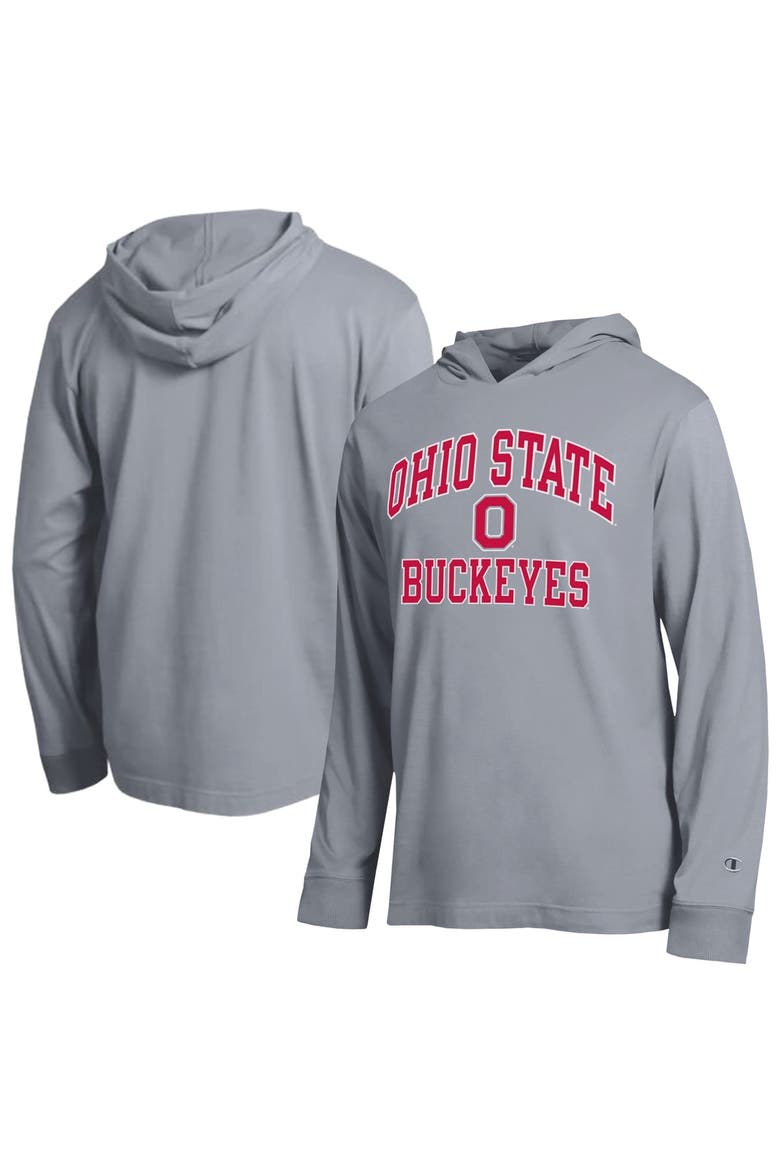Men's Champion  Heather Gray Ohio State Buckeyes High Motor All-Star Long Sleeve Hooded T-Shirt, Main, color, Heather Gray