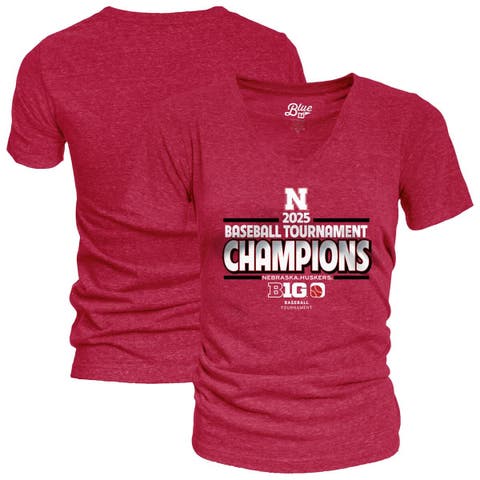 Women's Blue 84 Scarlet Nebraska Huskers 2025 Big Ten Baseball Conference Tournament Champions Locker Room V-Neck T-Shirt