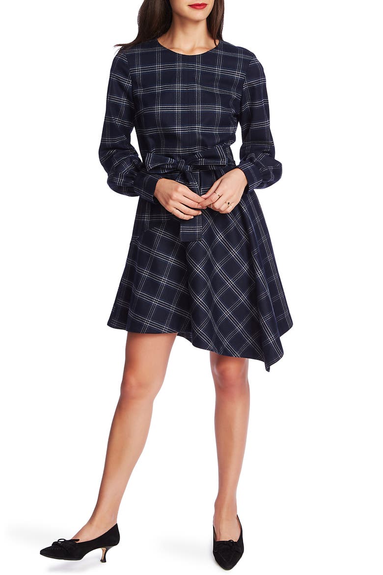 Soft Plaid Asymmetrical Hem Long Sleeve Dress, Main, color, BLUE NIGHT