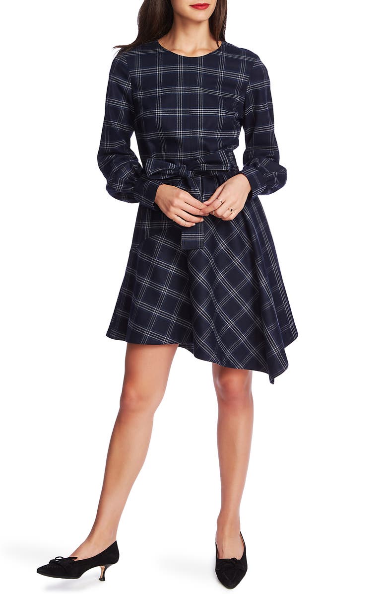 Court & Rowe Soft Plaid Asymmetrical Hem Long Sleeve Dress, Main, color, 