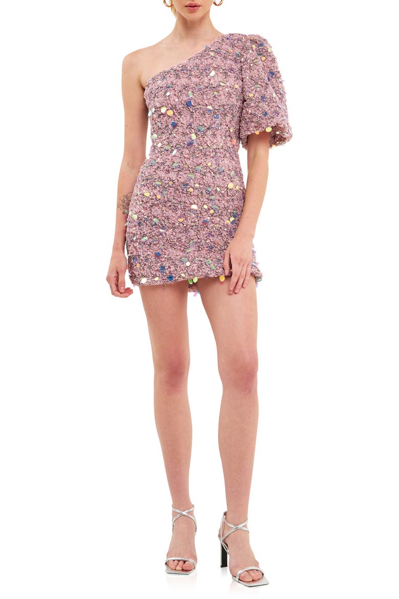 Premium Sequin Tulle One-Shoulder Minidress, Main, color, DUSTY LAVENDER