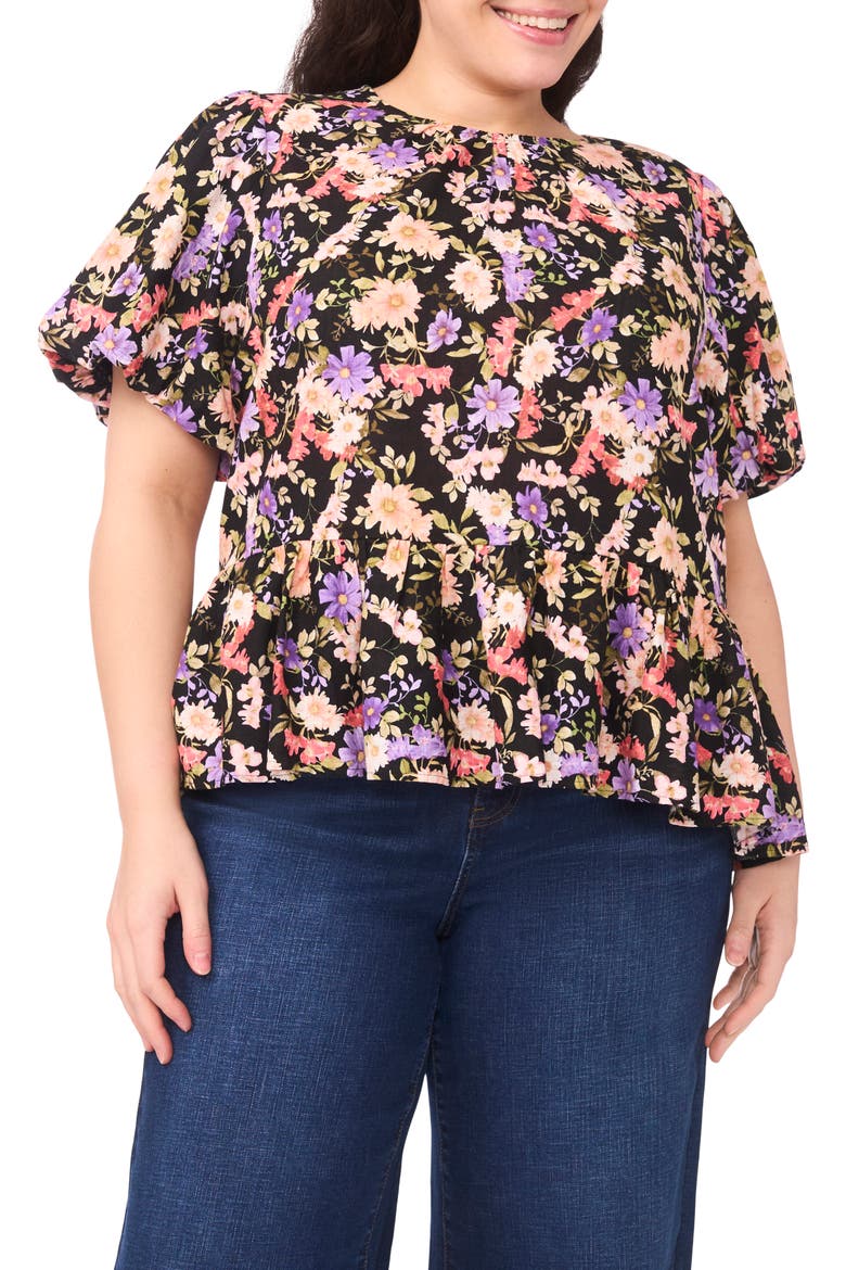 Floral Puff Sleeve Peplum Top, Main, color, RICH BLACK