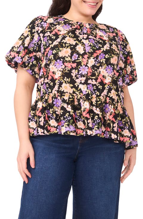 Floral Puff Sleeve Peplum Top (Plus)