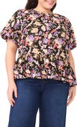 CeCe Floral Puff Sleeve Peplum Top