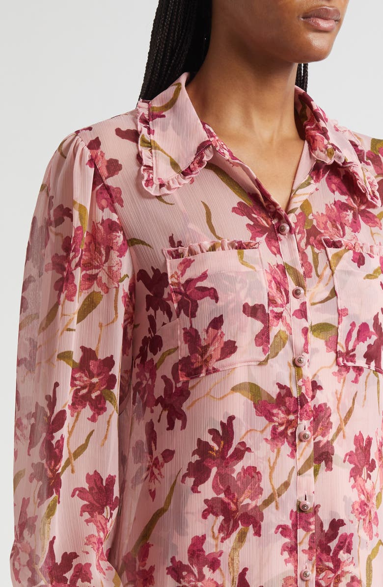 Cinq à Sept Lupetto Trailing Hibiscus Long Sleeve Mini Shirtdress, Alternate, color, Blushed Petal/Multi