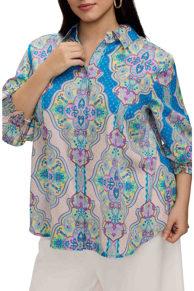 Olivia Paisley Smocked Cuff Cotton Button-Up Shirt, Main, color, PURPLE/ MULTI