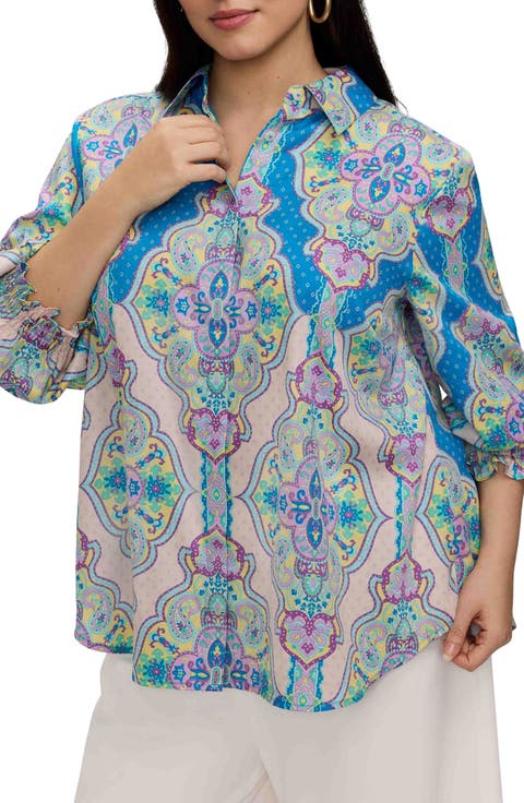 Olivia Paisley Smocked Cuff Cotton Button-Up Shirt (Plus)