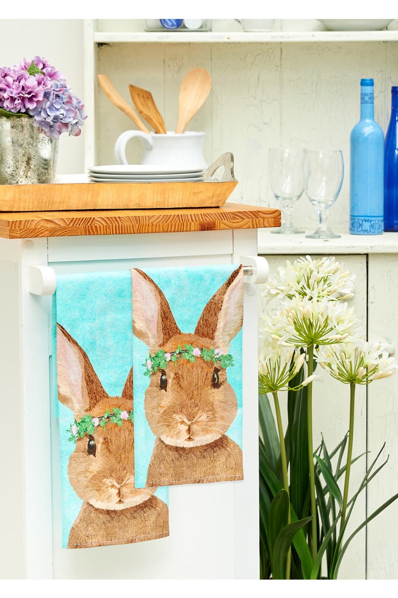 Clover Easter Bunny Rabbit Spring Printed Flour Sack Kitchen Dishtowel, Alternate, color, Blue