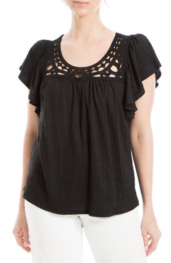 Max Studio Open Stitch Crinkle Top In Black