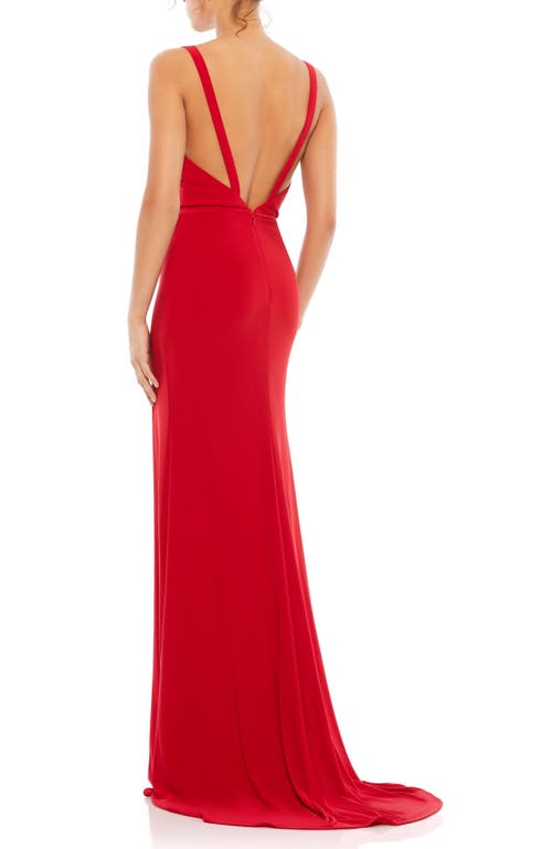 Mac Duggal Plunge Neck High Slit Gown In Red