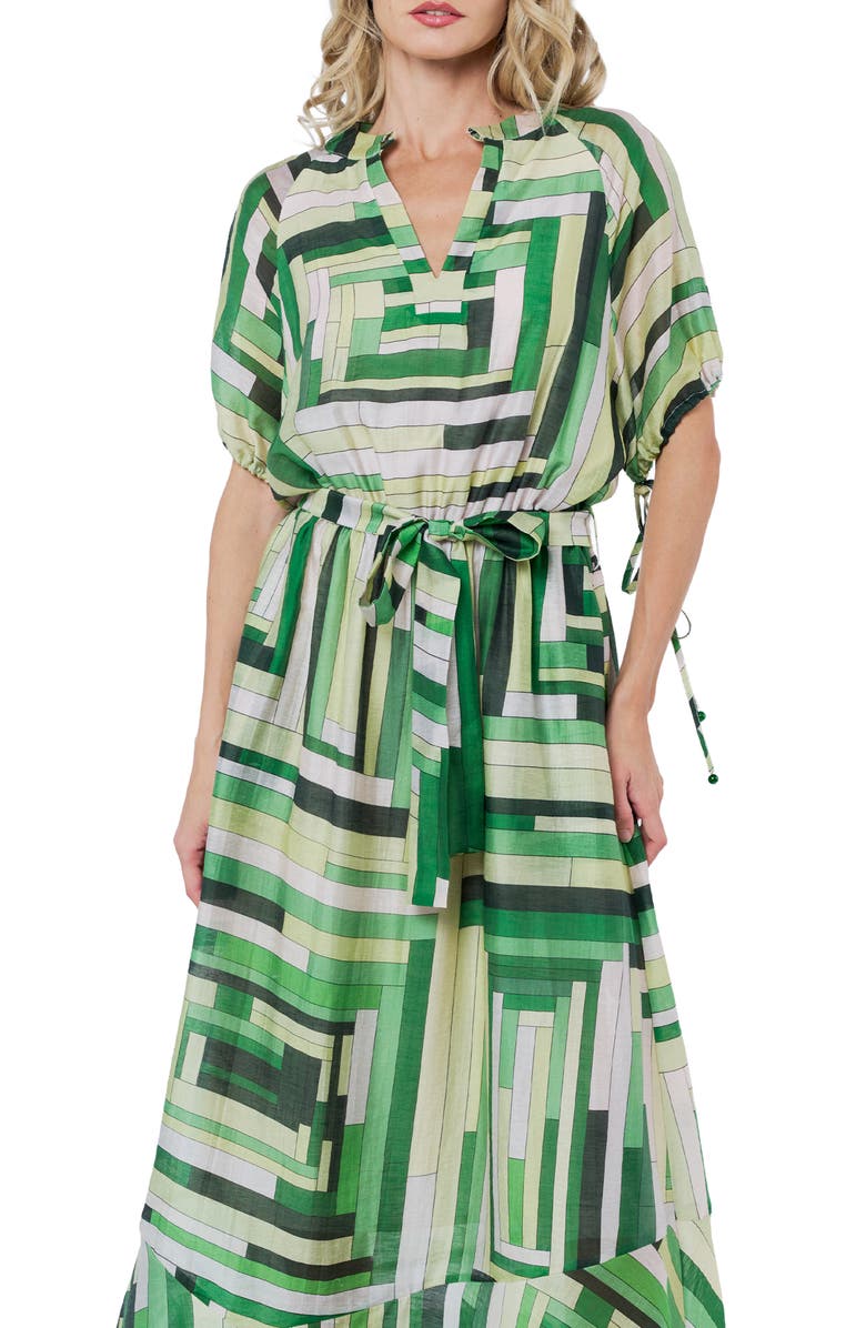 CIEBON Gemma Puff Sleeve Tie Belt Maxi Dress, Alternate, color, Green Multi