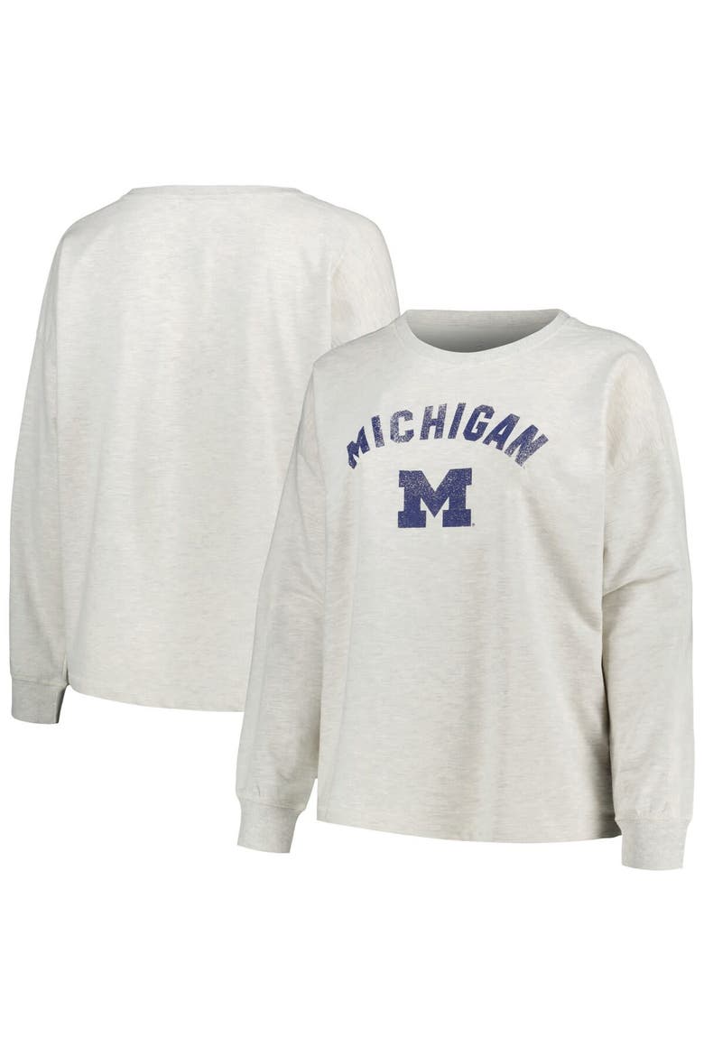Women's Profile Oatmeal Michigan Wolverines Plus Size Distressed Arch Over Logo Neutral Boxy Pullover Sweatshirt, Alternate, color, Oatmeal