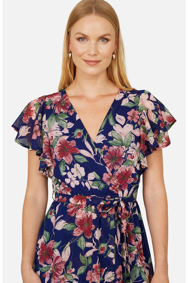 Floral Wrap Midi Dress With Frill Hem, Alternate, color, Blue