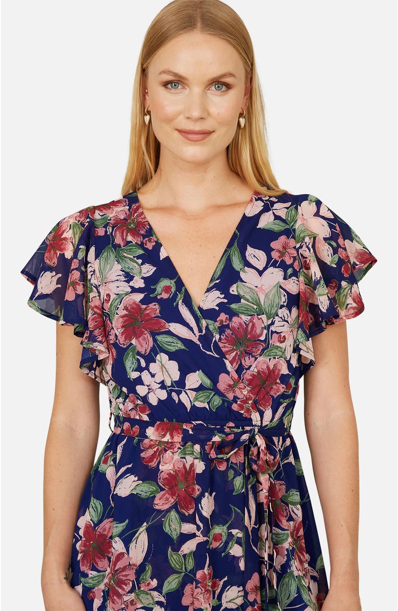 Yumi Floral Wrap Midi Dress With Frill Hem, Alternate, color, Blue