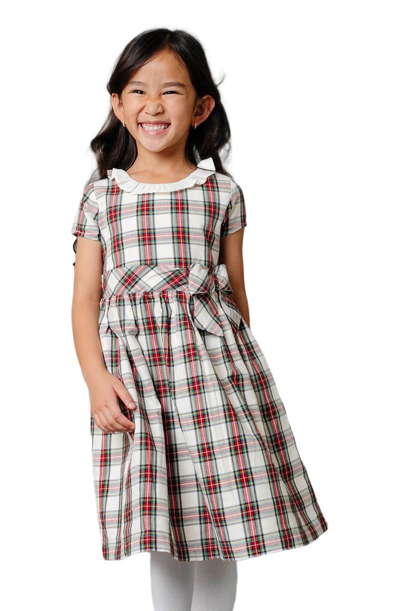 Hope & Henry Girls' Organic Ruffle Collar Party Dress, Kids, Main, color, Ivory Holiday Tartan