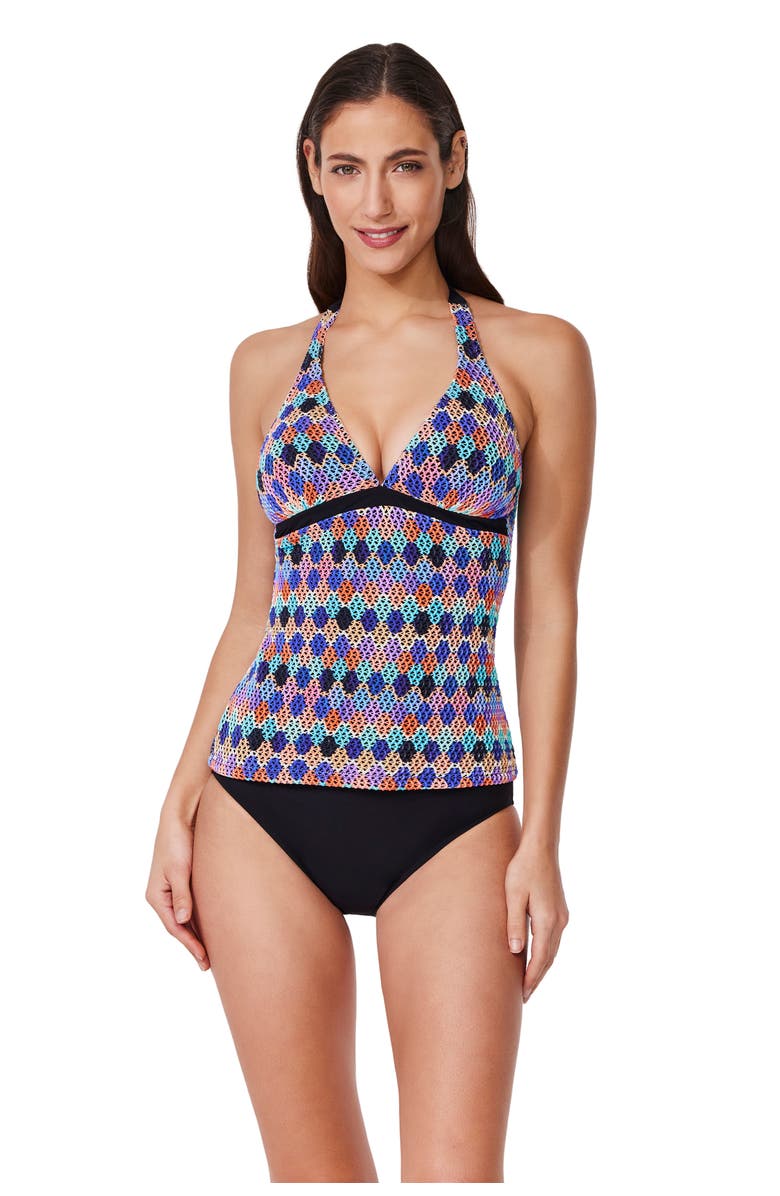 Profile by Gottex Retro Riviera Halter Netted Crochet Tankini Top, Main, color, Multi