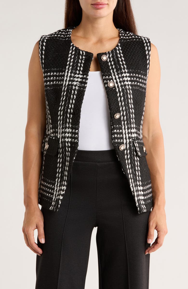 Ellen Tracy Plaid Textured Vest, Main, color, Black Plaid