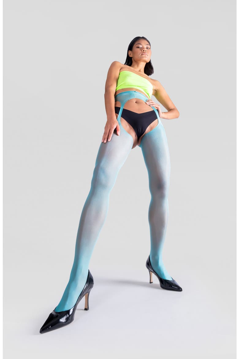 Lustrous Silky Shiny Sheer Suspender Crotchless Tights, Alternate, color, TEAL GREEN
