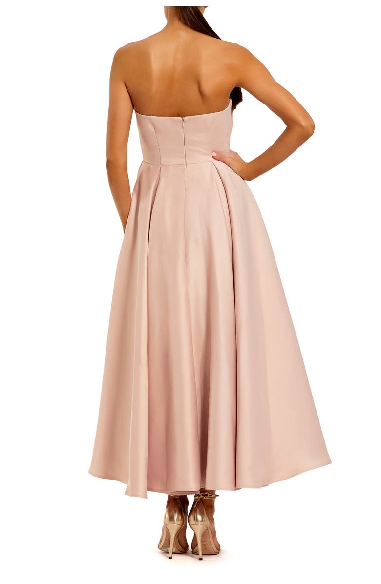 Mac Duggal Strapless Satin A Line Midi Dress With 3D Flower, Alternate, color, Rose Pink