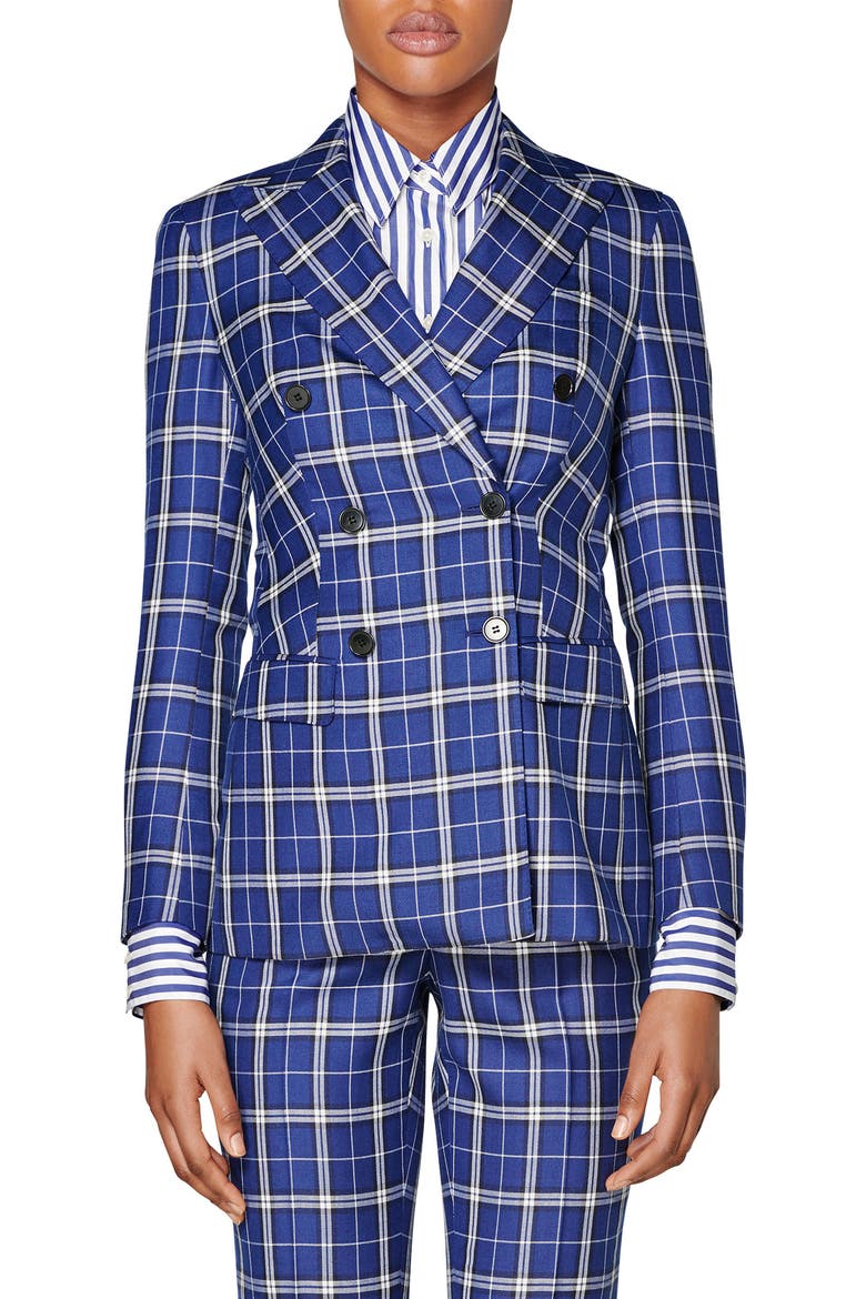 Cameron Double Breasted Silk & Cotton Jacket, Main, color, BLUE CHECK
