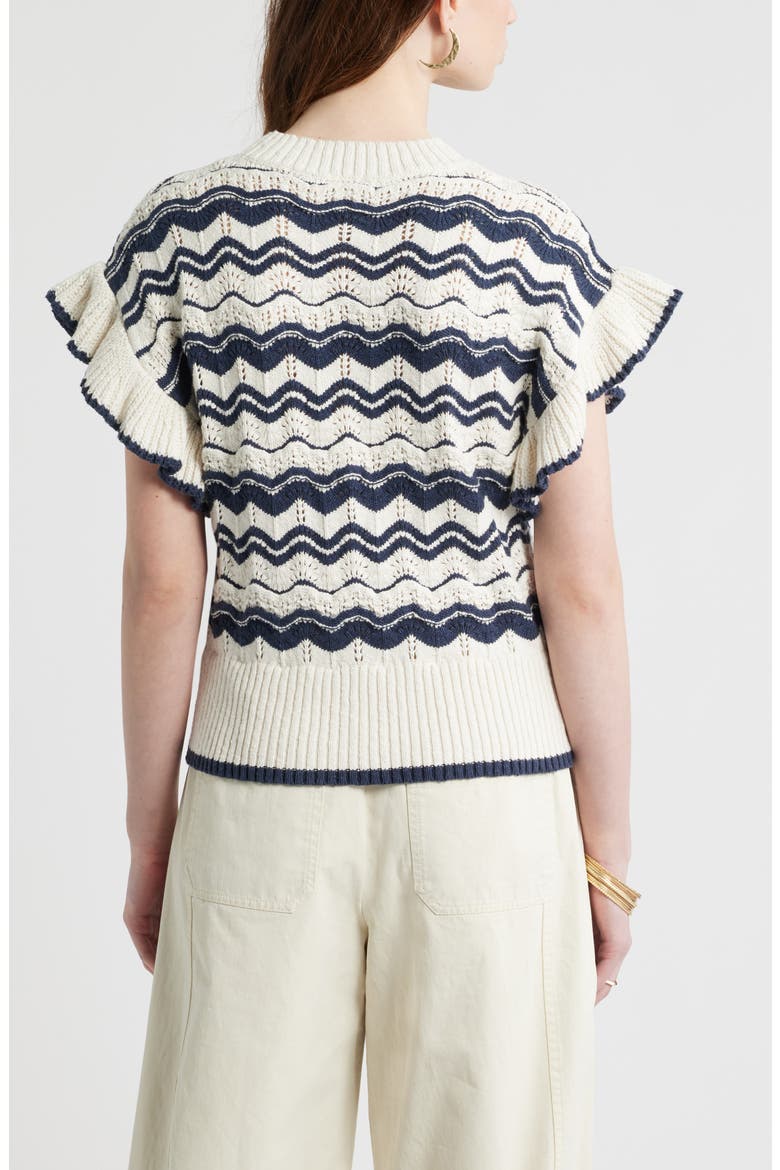 Flutter Sleeve Cotton Pointelle & Rib Sweater, Alternate, color, NAVY- IVORY WAVE STRIPE