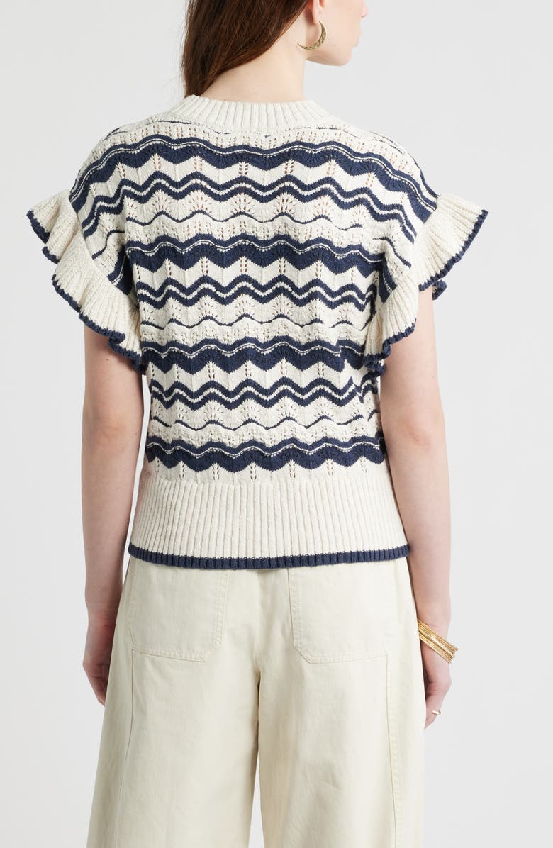 Treasure & Bond Flutter Sleeve Cotton Pointelle & Rib Sweater, Alternate, color, Navy- Ivory Wave Stripe