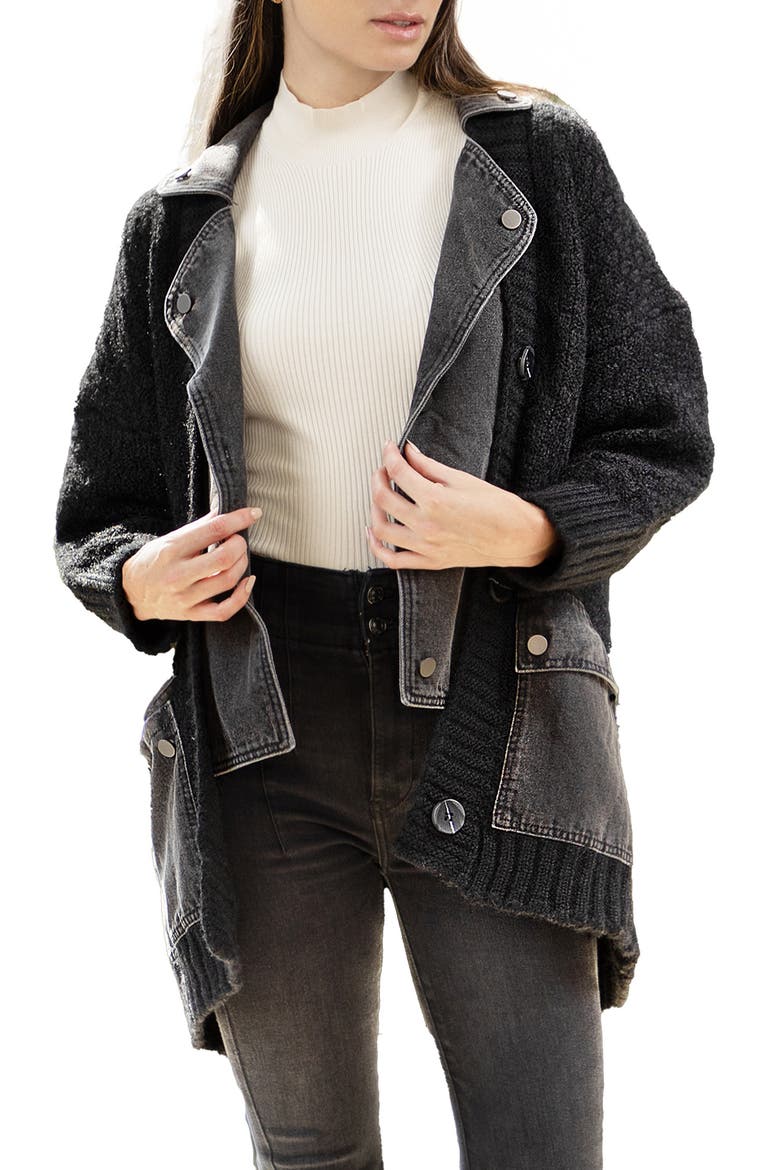 Mixed Media Denim Knit Cardigan, Main, color, BLACK