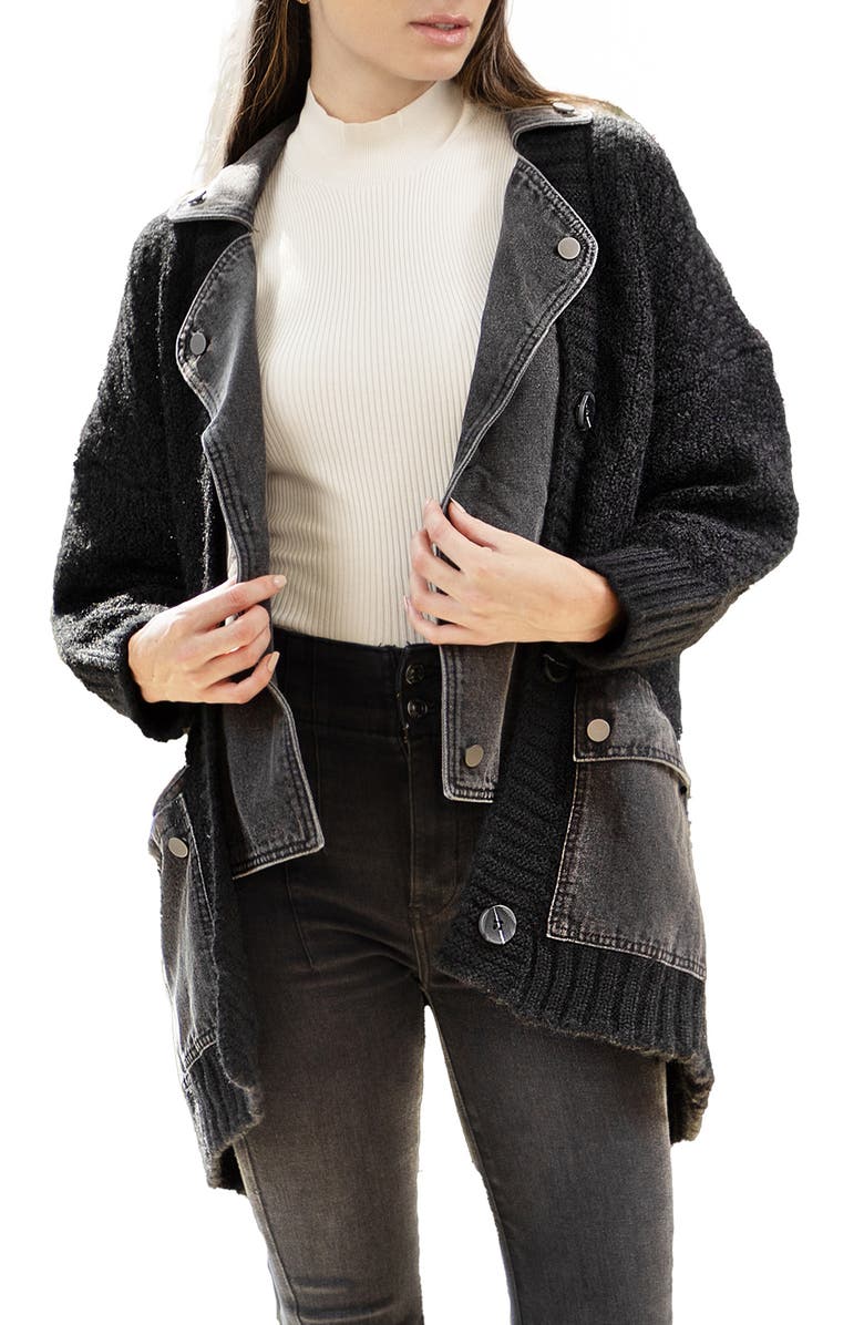 SAACHI Mixed Media Denim Knit Cardigan, Main, color, Black