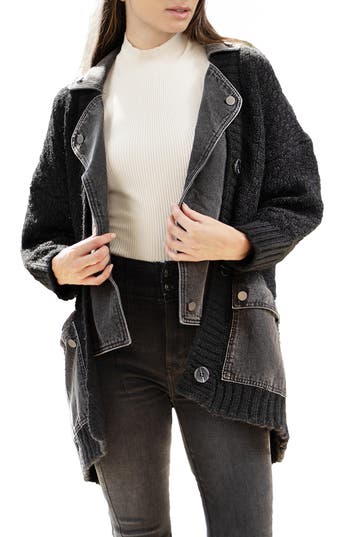 SAACHI SAACHI MIXED MEDIA DENIM KNIT CARDIGAN