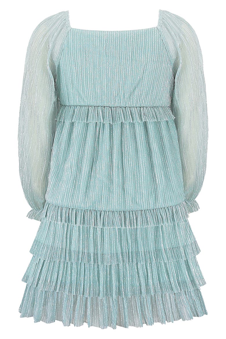 Kids' Metallic Tiered Plissé Dress, Alternate, color, TEAL
