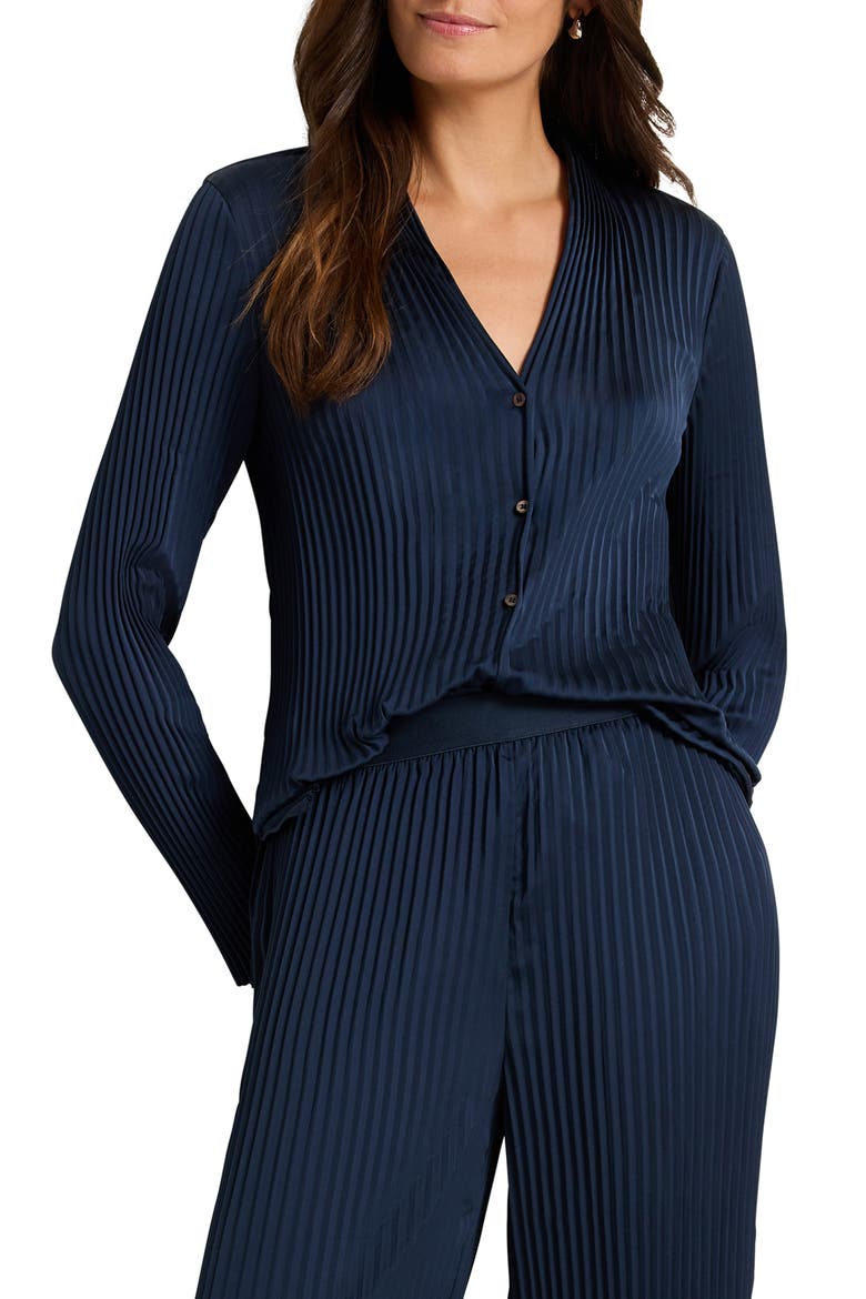 Crinkle Crepe Pleated Button-Up Shirt, Main, color, DARK INDIGO