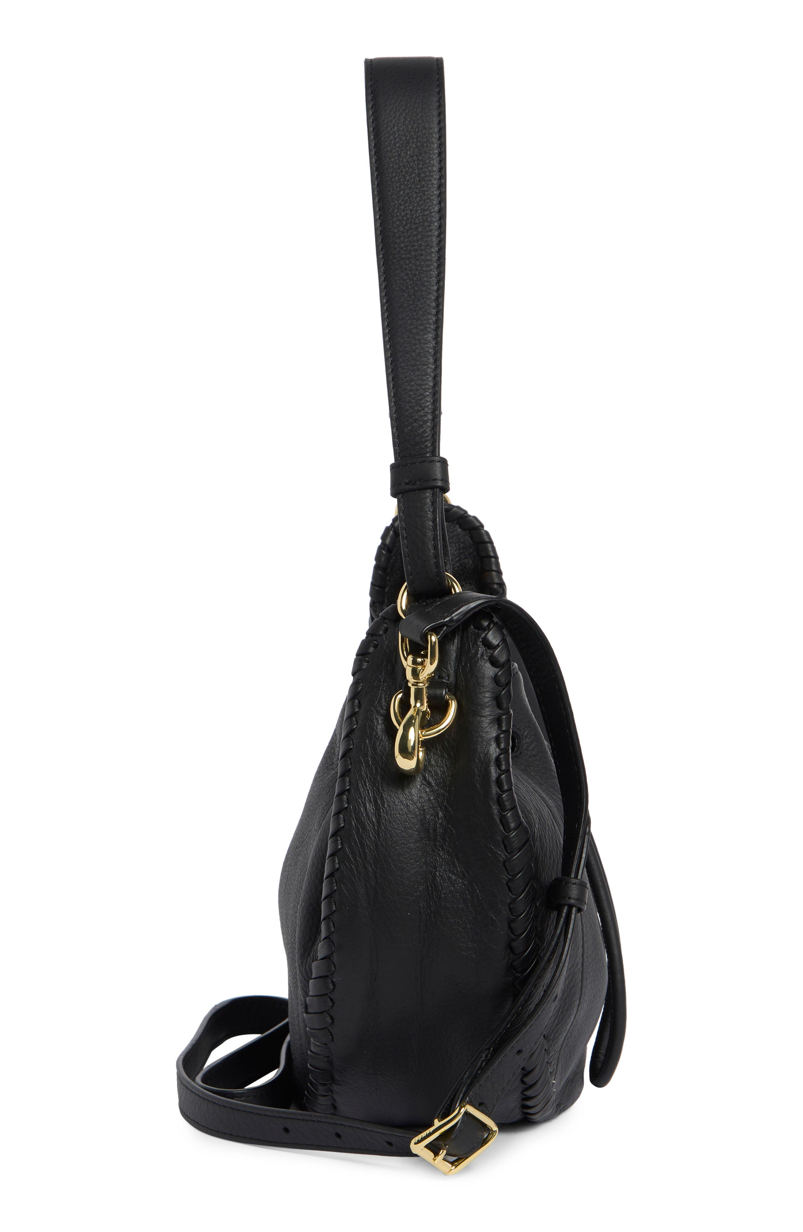 Whipstitched Leather Drawstring Bucket Bag, Alternate, color, BLACK