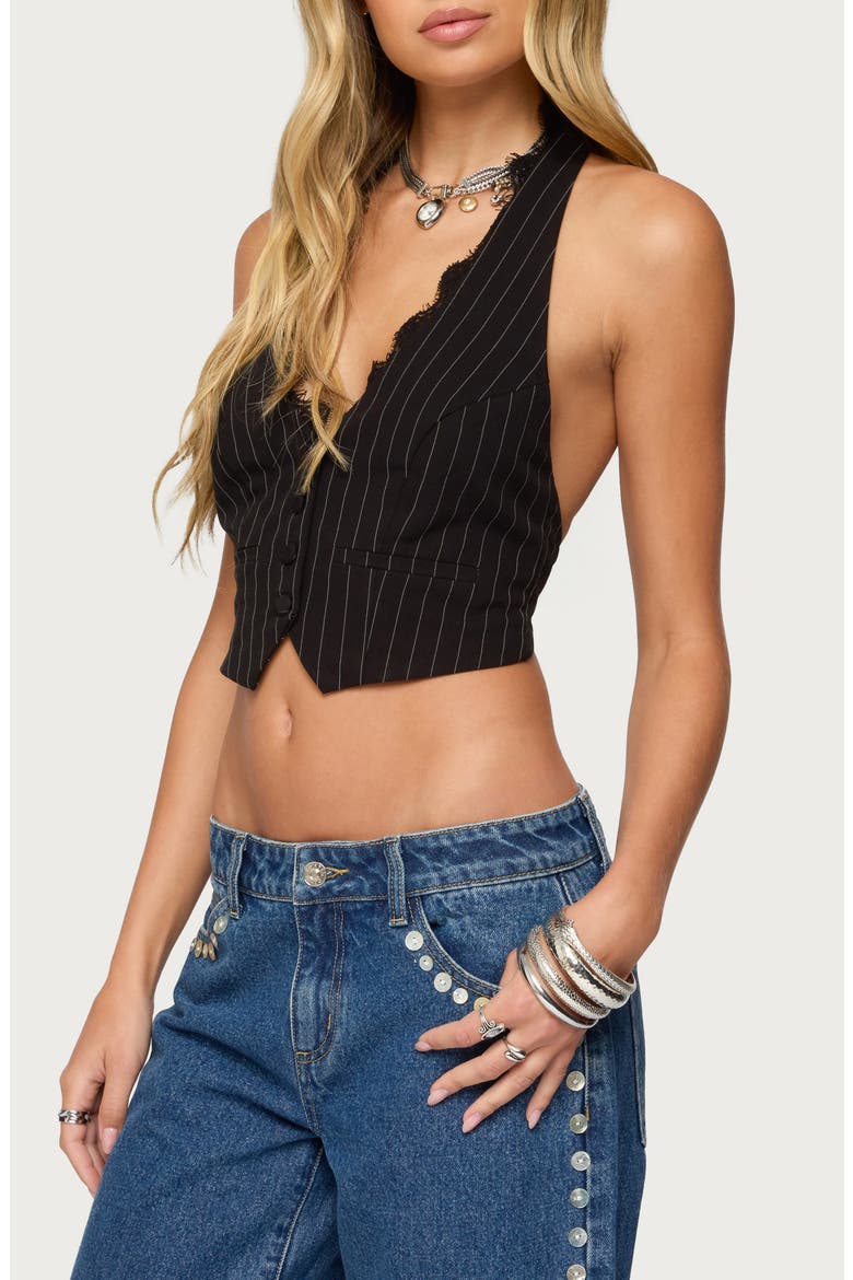 Devon Lace Trim Pinstripe Halter Vest, Alternate, color, BLACK