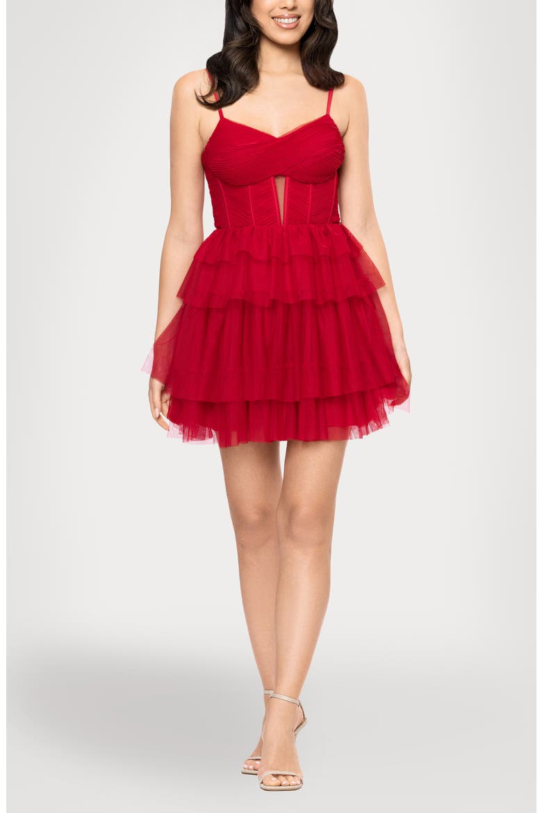 Corset Mesh Ruffle Minidress, Main, color, RED