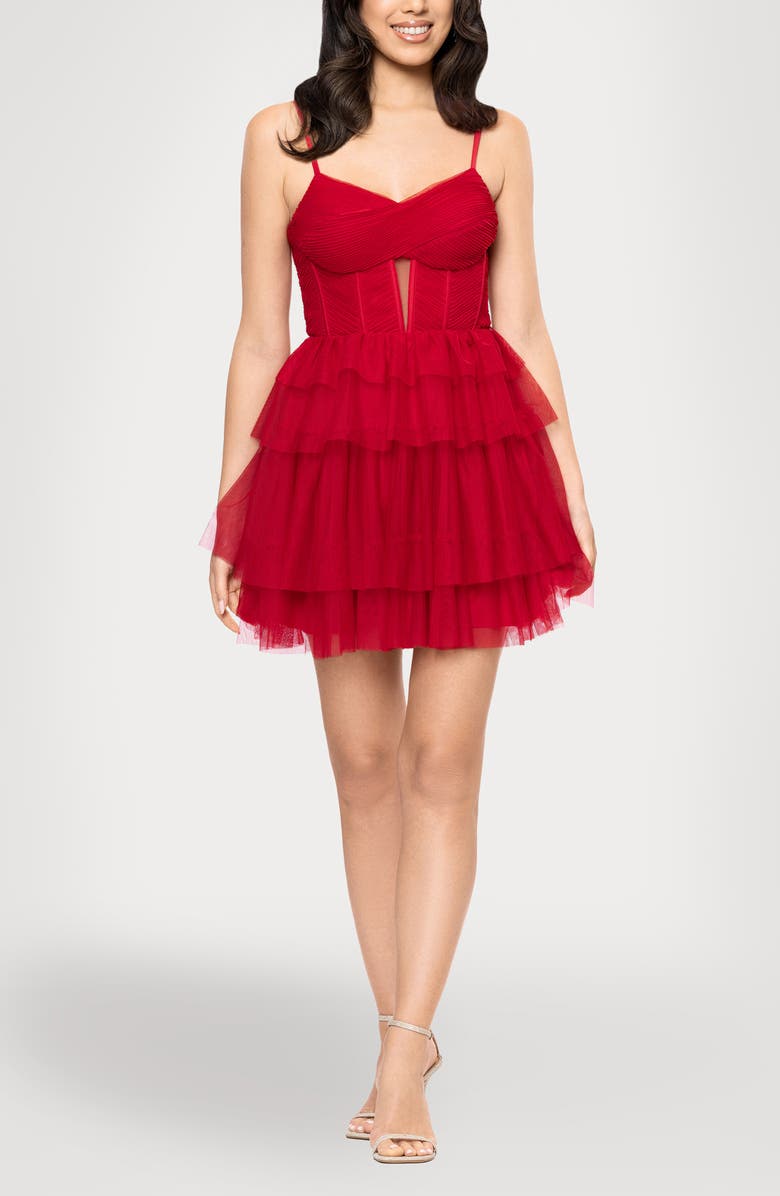 Blondie Nites Corset Mesh Ruffle Minidress, Main, color, Red