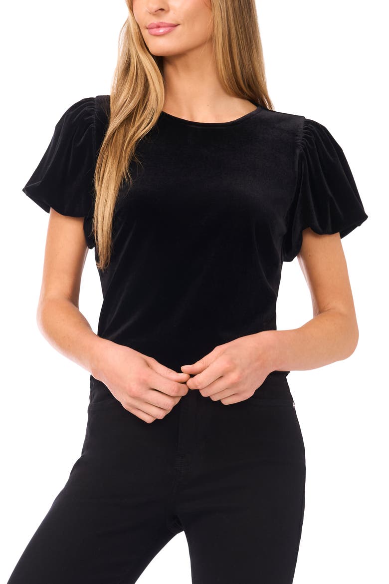 Puff Sleeve Stretch Velvet Top, Main, color, RICH BLACK