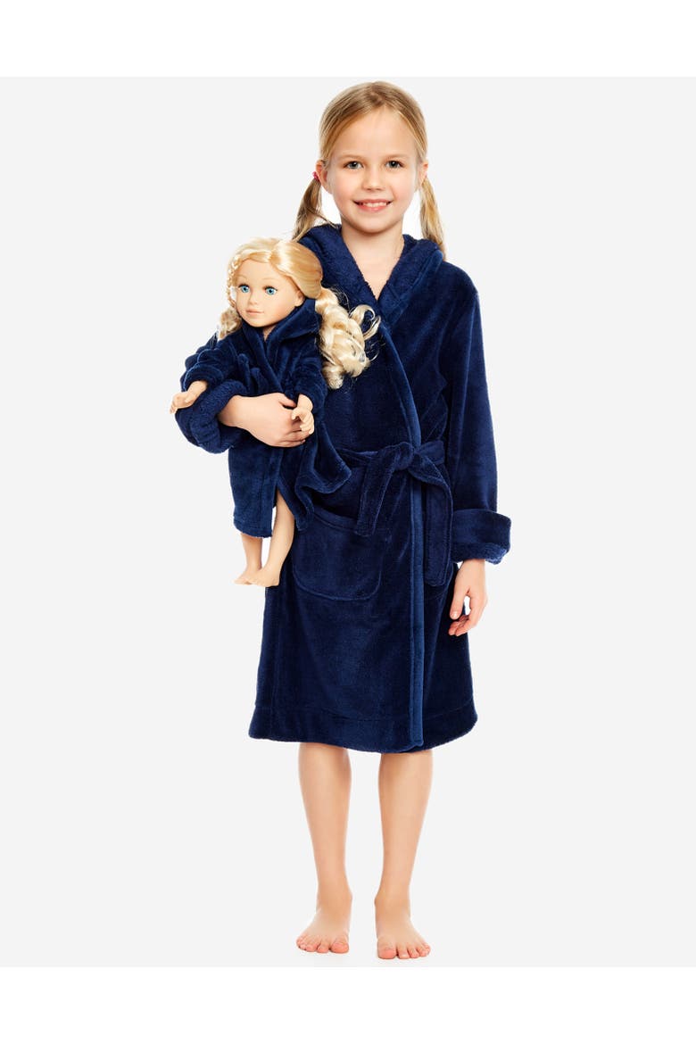 Girls Fleece Hooded Robe with Matching Doll Robe, Main, color, Navy