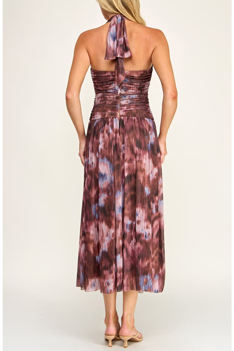 Abstract Print Mesh Halter Dress, Alternate, color, BURGUNDY/ CLAY/ PERIWINKLE
