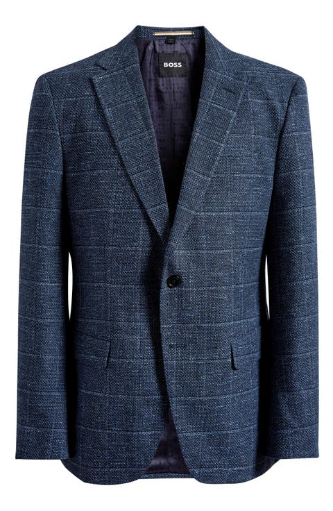 Hutson Dark Blue Windowpane Check Slub Cotton Blend Sport Coat