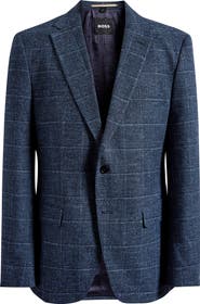 BOSS Hutson Dark Blue Windowpane Check Slub Cotton Blend Sport Coat