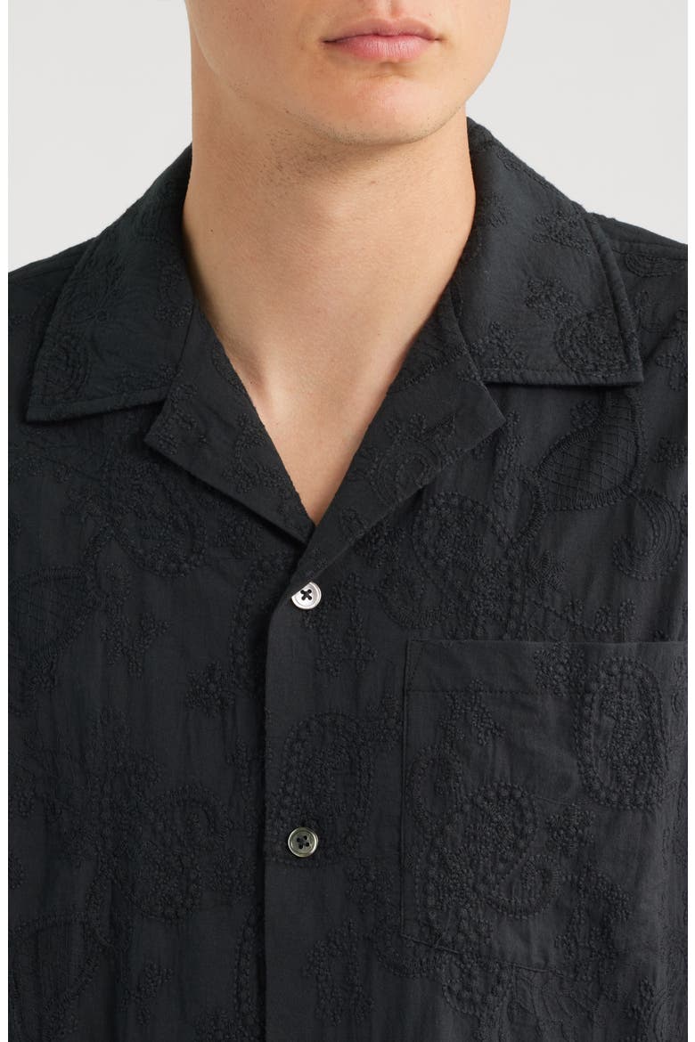 Paisley Embroidered Cotton Camp Shirt, Alternate, color, BLACK
