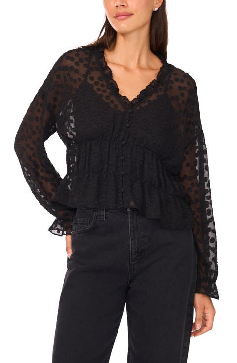 Sheer Shirred Waist Long Sleeve Top