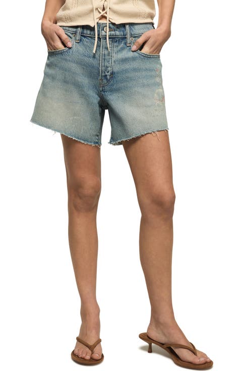 Floral Embroidered Baggy Denim Cutoff Shorts (Heart Throb)
